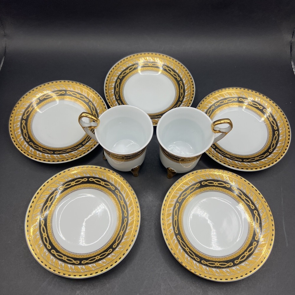 Yau Shing New Century Fine Porcelain Demitasse Partial Set 2 Cups 5 Saucers